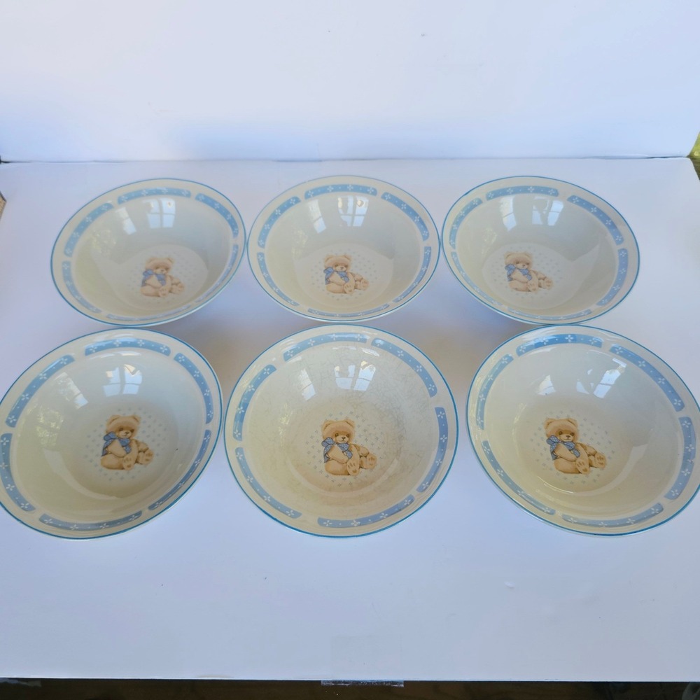 Vintage Tienshan Stoneware Teddy Bear Cereal Bowls Set of 6 Blue Nursery Kitsch - Picture 5 of 15